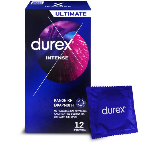 Durex Ultimate Intense Προφυλακτικά με Ραβδώσεις & Κουκίδες, με Λιπαντικό για Επιπλέον Διέγερση 12 Τεμάχια